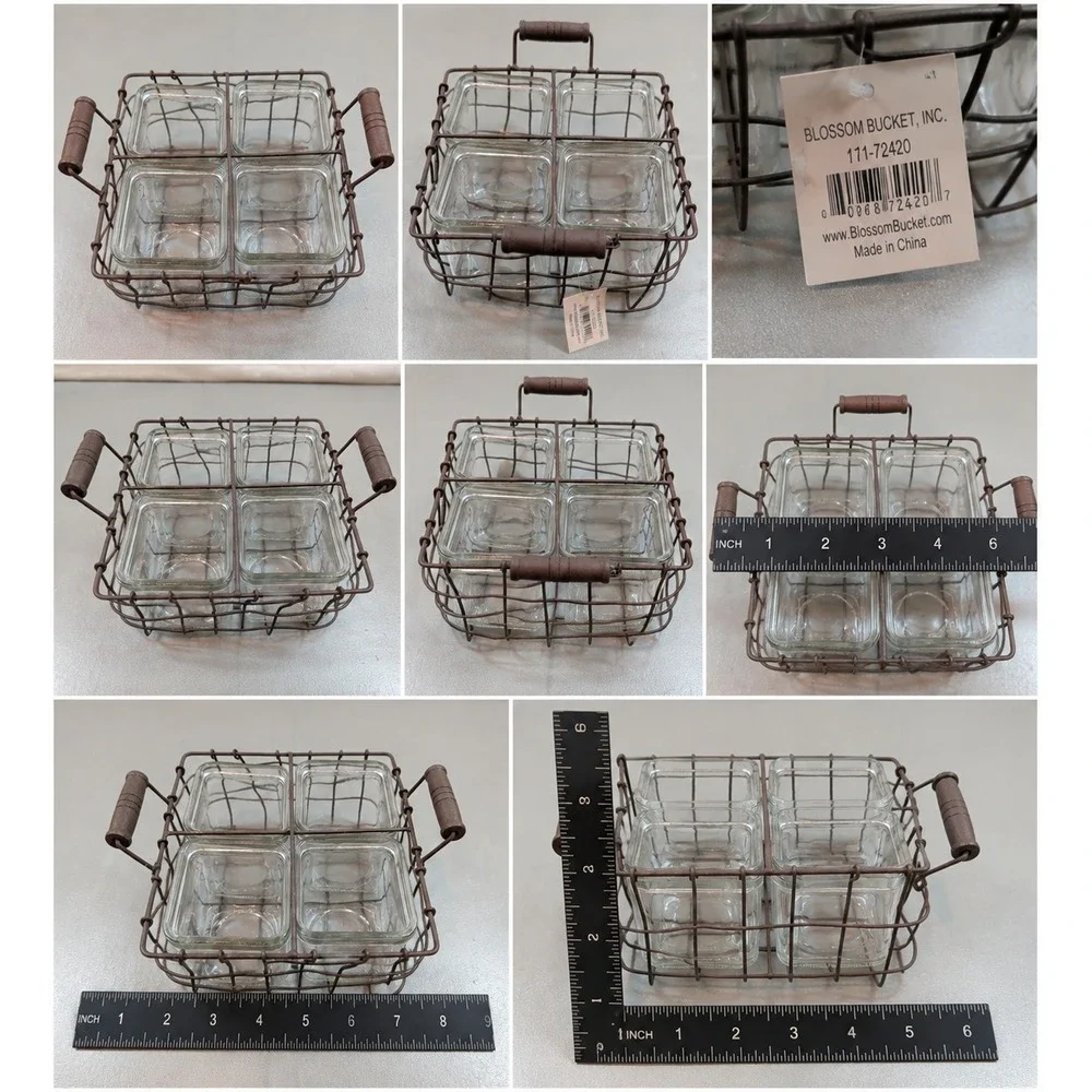 Blossom Bucket 4 Glass Jars in Wire Basket Caddy Rustic Farmhouse 171-72420